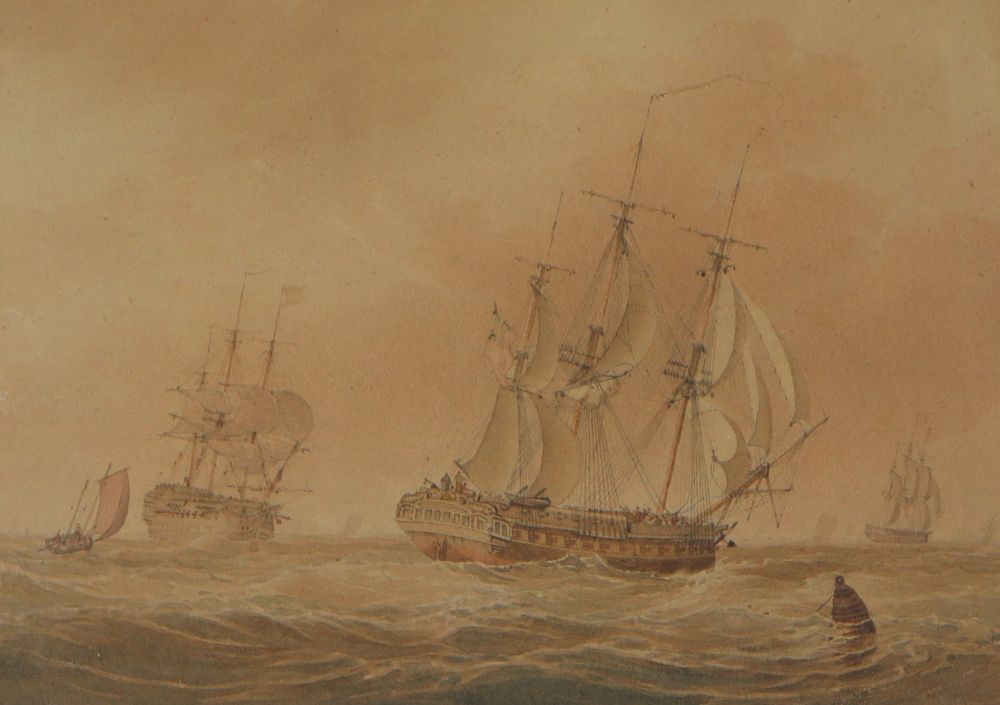 John Cantiloe Joy (1806-1866), watercolour, Shipping at sea, signed, 21 x 29cm